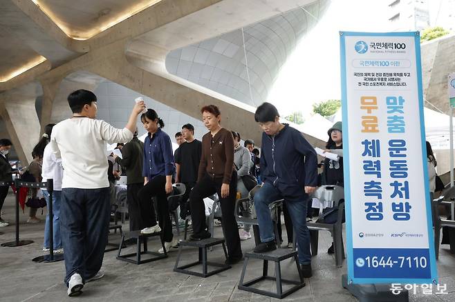 국민체육진흥공단이 실시하는 국민체력100 프로그램에 따라 시민들 체력을 측정해 운동처방을 하고 있는 모습. 동아일보 DB