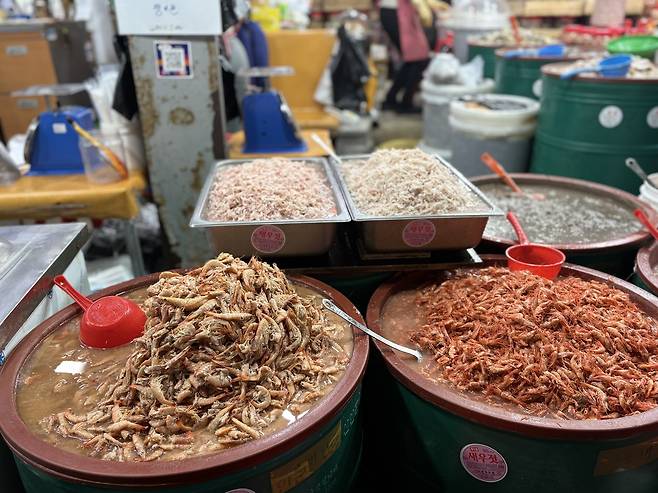 김장철 가장 분주한 양동시장의 젓갈가게. 살이 많은 중하젓(왼쪽 사진)과 붉새우젓은 전라도 김치의 킥이다.