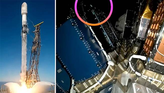 ▲ '경기기후위성 1호기'가 29일 새벽 3시44쯤(한국시각) 미국 캘리포니아 밴덴버그 우주군기지에서 스페이스X 팰컨9 로켓에 실려 발사되고 있다(왼쪽 사진). 기후위성은 발사 56분만에 캘컨9 로켓에서 분리돼 궤도에 안착했다. 지방정부 첫 경기기후위성은 기후·재난 감시등에 운영된다. /사진제공= 스페이스X 유튜브 캡처