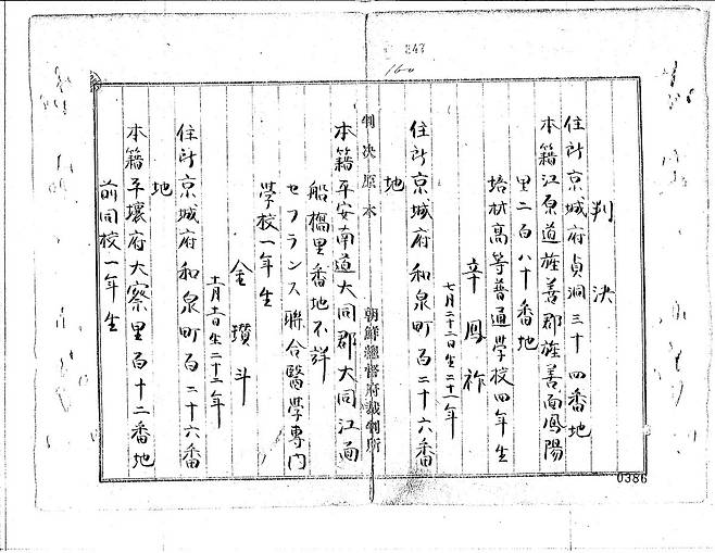 심훈의 3.1운동 관련 경성지방법원의 1919년 11월 6일 재판기록. 징역 6월에 집행유예 3년을 받았다.