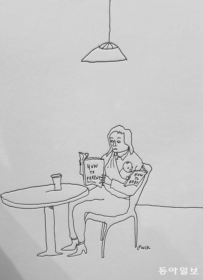 뉴욕의 한 서점에 걸려있던 엄마와 아이를 주제로 한 일러스트레이션. 뉴욕=임우선 특파원 imsun@donga.com