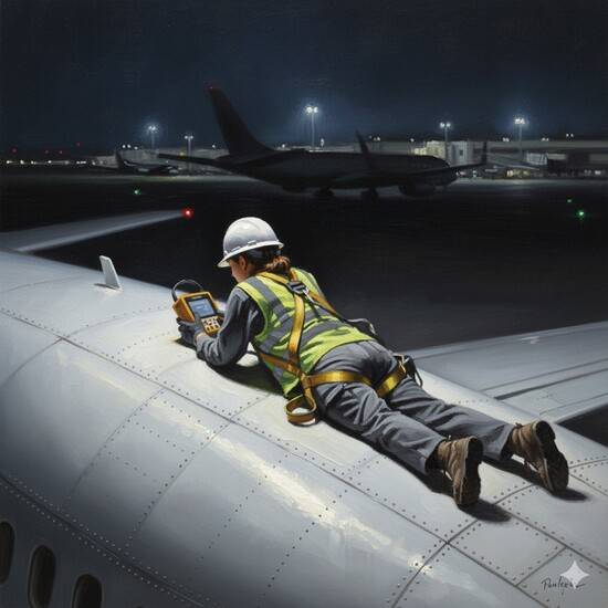 장강명 작가가 전지혜 과장의 설명을 토대로 인공지능 제미나이(Gemini)에 “비행기 동체 위에서 비파괴 검사 중인 항공정비 검사원의 모습을 유화풍으로 그려줘”라는 지시어를 입력해 얻은 이미지.
