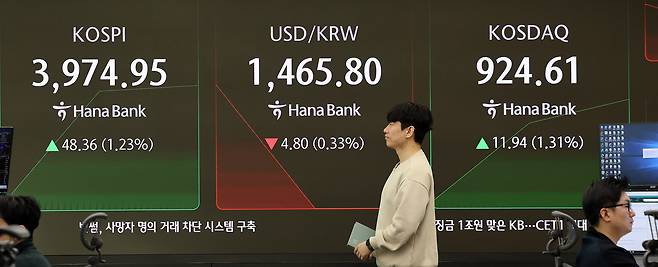 1일 서울 중구 하나은행 딜링룸 전광판에 코스피와 코스닥 시황이 표시되고 있다./뉴스1