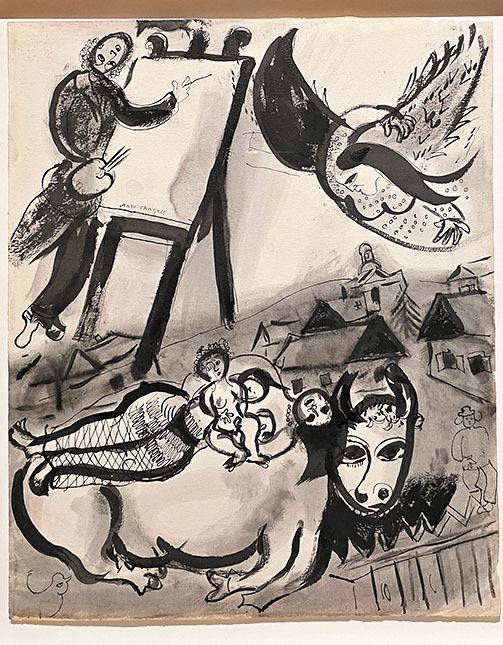 문학에 대한 애정으로 다양한 책 삽화를 제작했던 샤갈이 중국 먹의 번짐효과와 드로잉을 선보인 ‘모성애와 동물’.