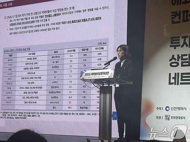 2일 인천 연수구 송도컨벤시아에서 열린 2025 제약바이오투자대전에서 키움증권 허혜민 연구원이 발표하고 있다. 2025.12.2/뉴스1 ⓒ News1 문대현 기자