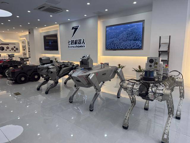 지난달 28일, 중국 쓰촨성 충칭시의 산업용 특수로봇 회사인 치텅로봇유한공사에 4족 보행 로봇 'X3 스테이블'을 비롯한 이 업체의 로봇들이 진열돼 있다. 충칭=이혜미 특파원