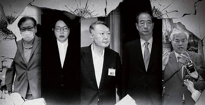 내란·김건희 특검과 경찰 등으로부터 조사를 받고 있는 피의자들인 윤석열 전 대통령(가운데)과 전성배씨(건진법사·왼쪽부터), 김건희 여사, 한덕수 전 국무총리, 전광훈 목사 [연합]