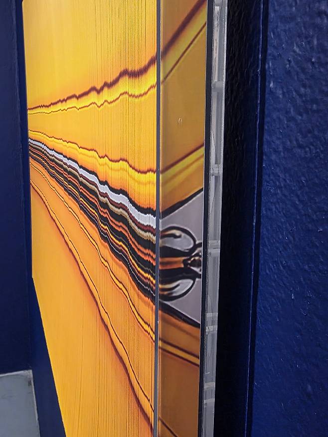 전병삼, 'WAVE__20251005020__BUTTERFLY', Stacking printed photographs, 90 x 65 cm(2025). 곽인숙 기자. 단면을 보면 나비의 몸통과 앞날개가 만나는 부분, 더듬이가 보인다.