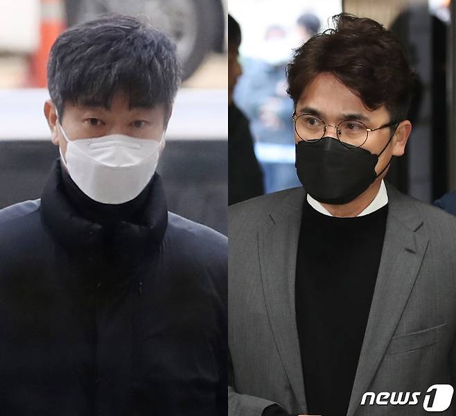 후원 업체로부터 뒷돈을 받은 혐의를 받는 프로야구 기아 타이거즈의 김종국 전 감독(왼쪽)과 장정석 전 단장이 30일 오전 서울 서초동 서울중앙지방법원에서 열린 구속 전 피의자 심문(영장실질심사)에 출석하고 있다. 2024.1.30/뉴스1 ⓒ News1 이광호 기자