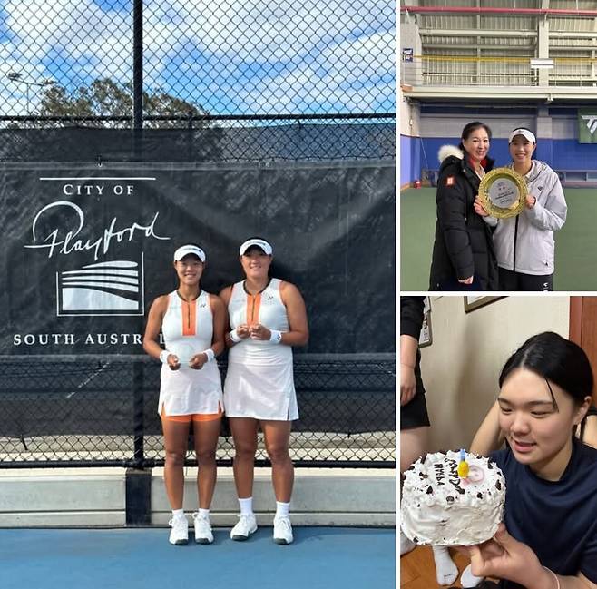 모친 임수미씨가 SNS에 올린 세자매 모습. 큰딸 이은혜(사진 왼쪽의 오른쪽)는 최근 호주 플레이포드에서 열린 ITF W75 대회 복식에서 준우승했다. 사진 오른쪽 위은 둘째 은지가 3차 한국실업테니스연맹전 여자단식 우승 뒤 모친과 찍은 사진. 그 아래는 막내 이은지. 가족 제공