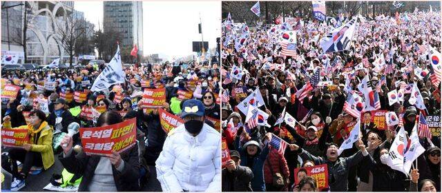 집회 참가자들이 법원의 구속 취소 결정으로 윤석열 전 대통령이 석방된 지난 3월 8일 서울 종로구 안국역 인근에서 ‘윤석열 파면’이라고 적힌 피켓을 들고 있다. 오른쪽 사진은 같은 날 서울 종로구 동화면세점 앞에서 열린 탄핵 반대 시위에서 참가자들이 태극기와 성조기를 흔들며 구호를 외치는 모습. 이한형 기자