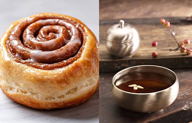 시나몬롤(왼쪽)과 수정과 [123RF, 게티이미지뱅크]