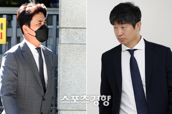 후원사로부터 거액의 금품을 수수한 혐의를 받는 KIA 장정석 전 단장(왼쪽)이 지난해 10월 4일 서울중앙지법에서 열린 1심 선고 공판에서 무죄를 선고받은 뒤 법원을 나서고 있다. 같은 날 김종국 전 감독이 1심 선고 공판에 출석하기 위해 법정으로 향하고 있다. 성동훈 기자