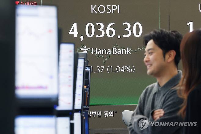 4천선 회복한 코스피 (서울=연합뉴스) 김성민 기자 = 3일 오후 서울 중구 하나은행 본점 딜링룸 현황판에 코스피 지수가 표시돼 있다.
이날 코스피는 전 거래일보다 41.37포인트(1.04%) 오른 4036.30으로 마감했다. 2025.12.3 ksm7976@yna.co.kr