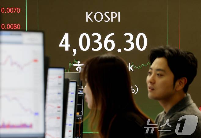 3일 서울 중구 하나은행 본점 딜링룸 전광판에 증시 종가가 표시되고 있다. 이날 코스피 지수는 전 거래일 대비 41.37p(1.04%) 상승한 4036.30로 장을 마감했다. 2025.12.3/뉴스1 ⓒ News1 이호윤 기자