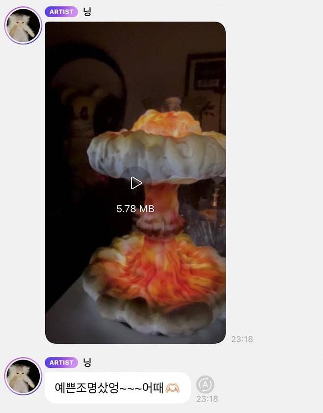 닝닝이 2022년 공개한 '버섯구름'을 연상케 하는 모양의 조명. /온라인 커뮤니티