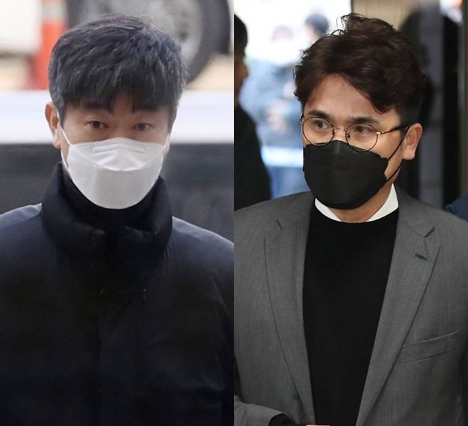 후원 업체로부터 뒷돈을 받은 혐의를 받는 프로야구 기아 타이거즈의 김종국 전 감독(왼쪽)과 장정석 전 단장이 30일 오전 서울 서초동 서울중앙지방법원에서 열린 구속 전 피의자 심문(영장실질심사)에 출석하고 있다. 뉴스1