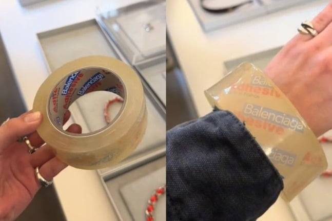투명 테이프 모양의 프랑스 명품 발렌시아가 팔찌. 사진=SNS 캡처