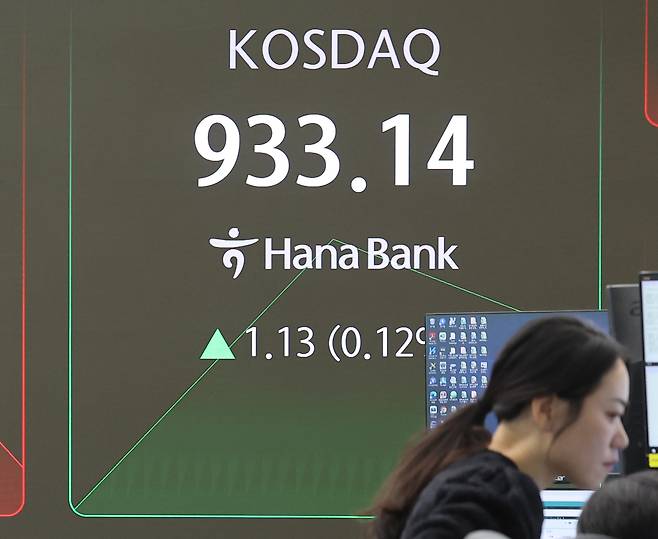 4일 서울 중구 하나은행 딜링룸 현황판에 코스닥 지수가 표시돼 있다.