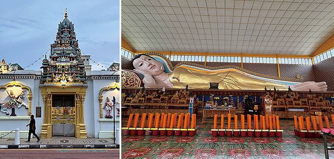 (좌)페낭에서 역사가  가장 오래된  힌두교 사원 (우)와불상으로 유명한  태국 불교 사원