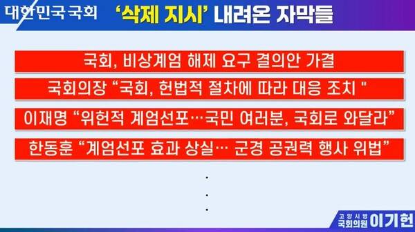 ▲KTV 측이 12월3~4일 윤석열 대통령의 내란사태 당일 자막담당자에게 삭제를 지시한 자막들. 이기헌의원실 제공