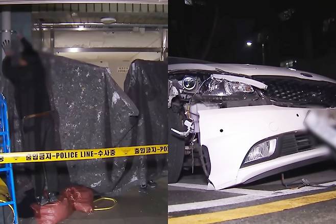 지난 4일 천안시 서북구 쌍용동의 한 아파트 관리사무소 입구 유리문이 산산조각 난 모습. 오른쪽은 이웃을 흉기 살해한 40대 남성이 운전한 차량. MBC 보도화면 캡처