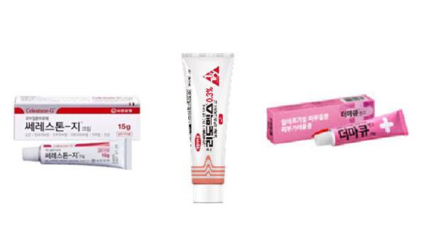 왼쪽부터 5단계 연고 '쎄레스톤-지', 6단계 연고 '리도멕스', 7단계 연고 '더마큐'/사진=각사 제공