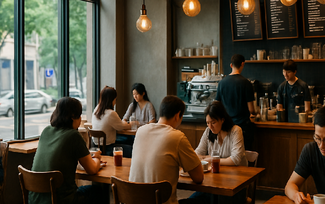 카페 내부 풍경을 재구성한 편집 이미지.