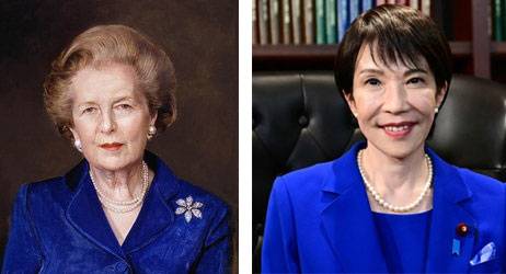 마거릿 대처 전 영국 총리(왼쪽)와 다카이치 사나에 일본 총리. 경향신문 자료사진·AFP연합뉴스