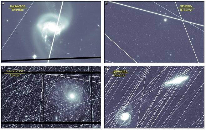 2030년대 말 4개 우주망원경의 관측 이미지 시뮬레이션 모습 2030년대 말까지 인공위성이 56만여기로 늘 경우를 시뮬레이션 결과 허블우주망원경(a)은 관측 이미지의 36.9%, 스피어엑스(b)와 쉰톈(c.Xuntian), 아라키스(d.ARRAKIHS) 우주망원경은 각각 관측 이미지의 96%가 위성 광공해로 손상될 것으로 예상됐다. [Nature, Alejandro S. Borlaff et al. 제공. 재판매 및 DB 금지]