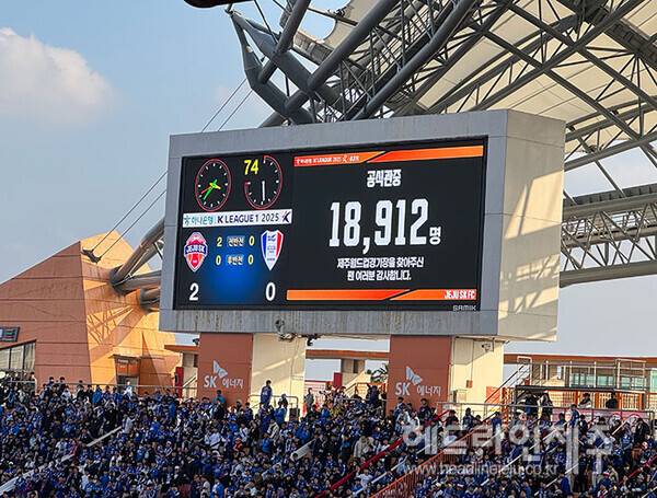 이날 경기 관중수가 전광판에 표출되고 있다.&nbsp;ⓒ헤드라인제주