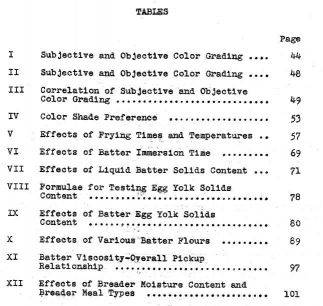 전자 문서로 공개된 MIT 식품기술과의 '냉동 피쉬 스틱 품질에 영향을 미치는 요인들' 논문 목차. 엑스레이 검출기부터 조리 온도 및 시간, 튀김옷 성분과 수분 비중 등 피쉬 스틱 생산에 필요한 모든 것을 연구했다. MIT 홈페이지