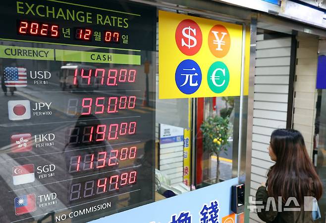 [서울=뉴시스] 최진석 기자 = 서울 명동 환전소에 원·달러 환전 시세가 보이고 있다. 2025.12.07. myjs@newsis.com