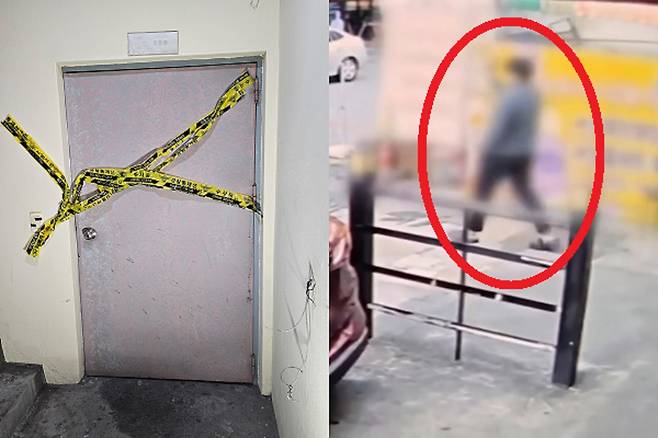 지난 3일 오후 경남 창원시 마산회원구 합성동 한 모텔에서 흉기 사건이 발생, 경찰이 현장을 통제하고 있다. 오른쪽은 가해자인 20대 남성이 사건 당일 피해 여중생 무리에게 손을 흔들며 다가가는 모습. 창원=뉴스1·JTBC 보도화면 캡처