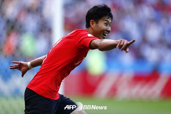 지난 2018 FIFA 러시아 월드컵 조별리그 최종전 독일전 쐐기골 이후 기뻐하고 있는 손흥민. /AFPBBNews=뉴스1