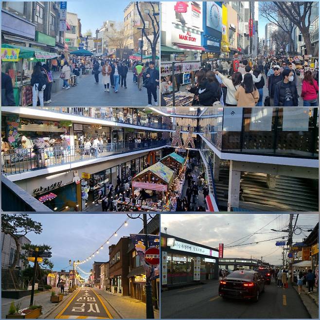 사진 위 왼쪽부터 아래로 인사동 문화의 거리와 명동 상가길, 인사동 상권, 인천 개항장 거리, 경주 황리단길. 사진=이희택 기자.