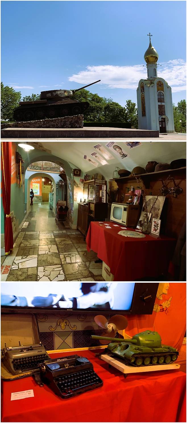 (위로부터)영광의 기념관 외부에 전시된 제2차 세계대전에 사용된 소련의 T-34 탱크, 빈티지 소련 기념품으로 장식된 티라스폴 대표 레스토랑인 ‘칸티나 우르스’  전경