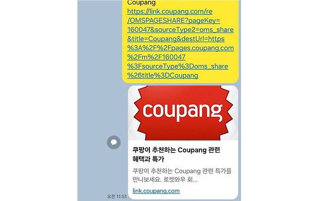 쿠팡 사과문을 카카오톡에 공유하자 ‘쿠팡이 추천하는 Coupang 관련 혜택과 특가’ 문구와 미리보기 창이 뜨고 있다. 카카오톡 캡처