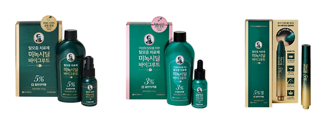 (왼쪽부터)미녹시딜바이그루트액5%, 미녹시딜바이그루트액3%, 미녹시딜바이그루트겔5%