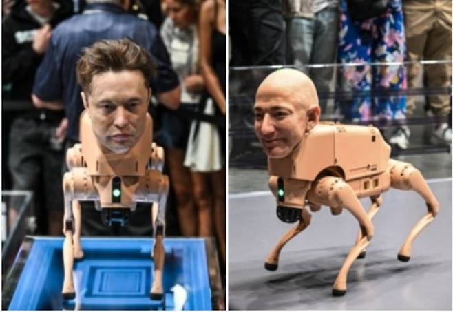 일론 머스크 테슬라 최고경영자(CEO·왼쪽)와 제프 베이조스 아마존 창업자의 머리를 한 로봇 개가 7일(현지시간) 플로리다주 마이애미 비치의 아트 페어에 전시돼 있다. [AFP]