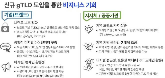 [서울=뉴시스] 한국인터넷진흥원(KISA)에 따르면 국제인터넷주소기구(ICANN)는 내년 4월 중 gTLD 생성 신청을 받을 예정이다. 사진은 gTLD 도입을 통한 비즈니스 기회 소개 (사진=KISA 제공) *재판매 및 DB 금지