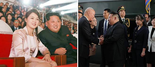 김정은 부인 리설주(왼쪽). 9월 3일 중국 전승절 80주년 행사 참석을 위해 베이징을 방문한 김정은 뒤로 딸 주애가 서 있다. 노동신문·뉴스1