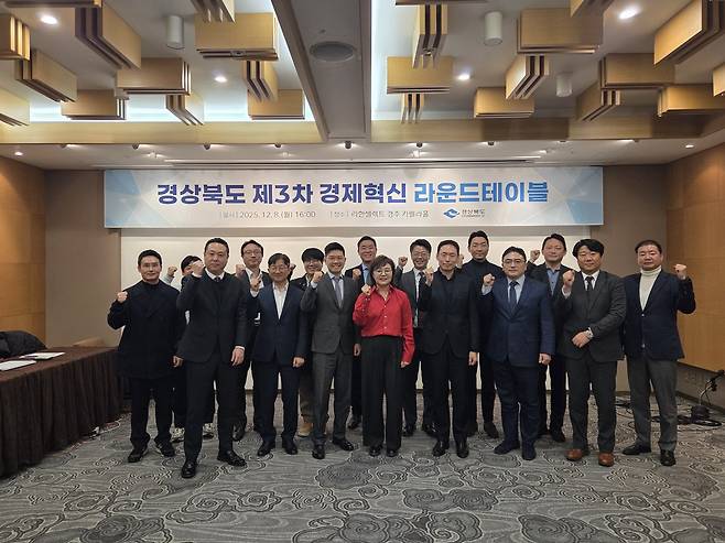 8일 경주 라한셀렉트 호텔에서 열린 ‘제3차 경제혁신 라운드테이블’ 참석자들이 국민성장펀드 대응 전략 논의 후 기념촬영하고 있다. /경북도 제공