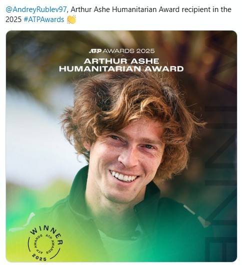안드레이 루블레프가 ATP '아서 애시 인도주의상'을 수상했다.