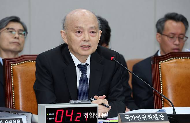 안창호 국가인권위원장이 지난달 5일 국회 운영위 국정감사에서 의원질의에 답하고 있다. 박민규 선임기자