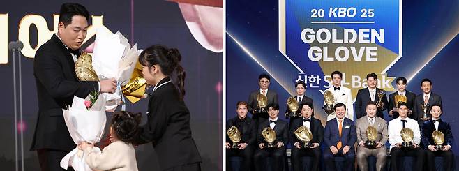“딸들, 고마워” 두산 포수 양의지(왼쪽 사진 왼쪽)가 9일 서울 송파구 롯데호텔월드에서 열린 2025 신한 SOL뱅크 KBO 골든글러브 시상식에서 프로야구 통산 최다 타이기록인 10번째 골든글러브를 수상한 뒤 무대에서 두 딸에게 꽃다발을 받고 있다. 2025년 골든글러브 수상자 12명(페어플레이상, 감독상 포함)이 시상식 직후 허구연 KBO 총재(오른쪽 사진 아래줄 가운데)와 기념사진을 찍고 있다. 연합뉴스