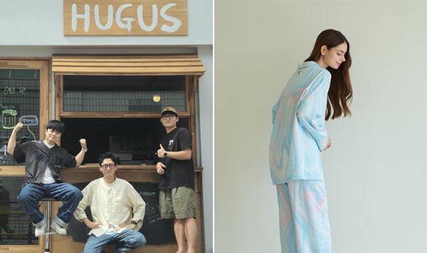 부산 광안리 수제맥주 펍 ‘허거스’를 운영하는 세 청년(왼쪽 사진)과 부산청년기업 ‘컨투어송’이 부산의 색감을 담아 만든 홈웨어.  각 사 제공