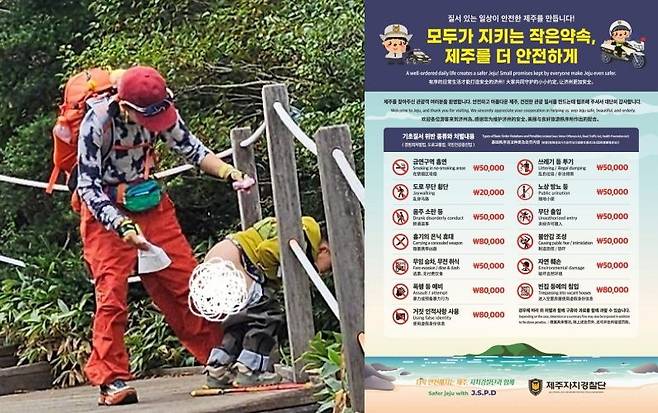 지난 10월 한라산국립공원 홈페이지에 올라온 사진과 제주도 자치경찰단이 만든 기초질서 위반 과태료 안내문.