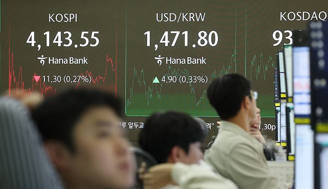 9일 서울 중구 하나은행 딜링룸 현황판에 코스피 지수 등이 표시되고 있다. [연합뉴스]