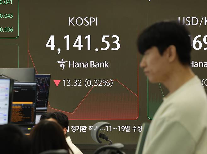 코스피가 하락 출발한 9일 서울 중구 하나은행 딜링룸에서 한 딜러가 모니터를 바라보고 있다. [연합]